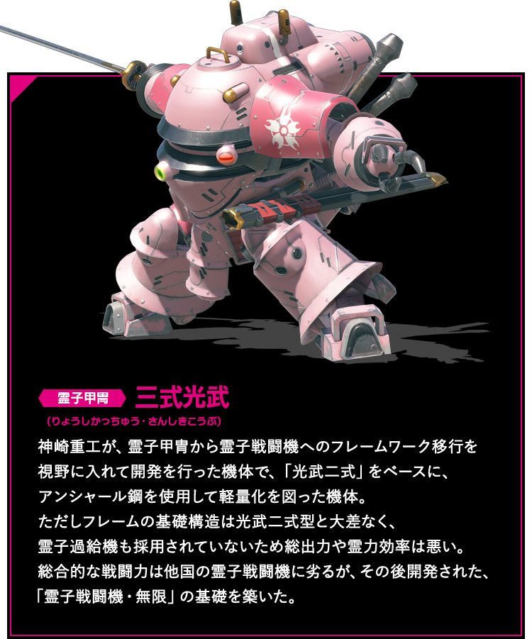 霊子甲冑 三式光武 神崎重工が、霊子甲冑から霊子戦闘機へのフレームワーク移行を視野に入れて開発を行った機体で、「光武二式」をベースに、アンシャール鋼を使用して軽量化を図った機体。ただしフレームの基礎構造は光武二式型と大差なく、霊子過給機も採用されていないため総出力や霊力効率は悪い。総合的な戦闘力は他国の霊子戦闘機に劣るが、その後開発された、「霊子戦闘機・無限」の基礎を築いた。